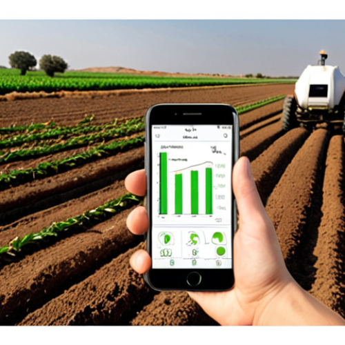 Home 11 **
A modern farm scene. A farmer uses a mobile app on their smartphone to record crop data in the field. Smart sensors are visible in the background, monitoring soil conditions. The overall atmosphere is bright and efficient, showcasing the benefits of automated data collection in agriculture. Arabic text on the app interface provides context.
**
