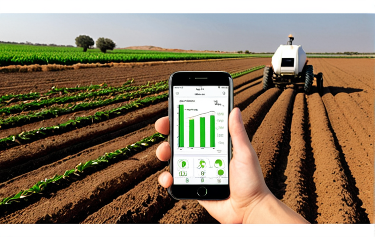**
A modern farm scene. A farmer uses a mobile app on their smartphone to record crop data in the field. Smart sensors are visible in the background, monitoring soil conditions. The overall atmosphere is bright and efficient, showcasing the benefits of automated data collection in agriculture. Arabic text on the app interface provides context.
**