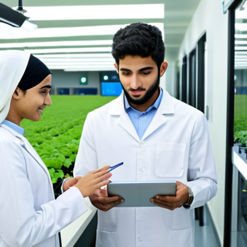 Home 6 A young Arab male and female student, both fully clothed in modest university attire, actively engaged in a state-of-the-art agricultural technology lab. They are interacting with touch screens displaying smart farming data, surrounded by IoT sensors and hydroponic setups, showcasing modern agricultural education. The environment is clean, bright, and professional. Appropriate content, safe for work, professional, perfect anatomy, correct proportions, natural pose, well-formed hands, proper finger count, natural body proportions, professional photography, high quality.