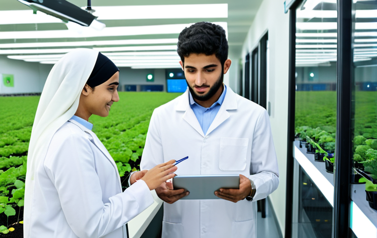 A young Arab male and female student, both fully clothed in modest university attire, actively engaged in a state-of-the-art agricultural technology lab. They are interacting with touch screens displaying smart farming data, surrounded by IoT sensors and hydroponic setups, showcasing modern agricultural education. The environment is clean, bright, and professional. Appropriate content, safe for work, professional, perfect anatomy, correct proportions, natural pose, well-formed hands, proper finger count, natural body proportions, professional photography, high quality.