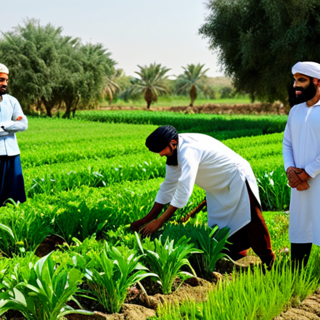 Cooperative Farming Success**

"A group of fully clothed farmers in traditional Middle Eastern attire, working together in a lush green field, appropriate content, tending to crops, safe for work, showcasing successful teamwork, perfect anatomy, natural proportions, professional photography, family-friendly, high quality."

**