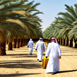 Modern Date Farm**

A sun-drenched date palm grove in Saudi Arabia, featuring neatly rows of trees laden with ripe dates. A modern irrigation system is visible, along with workers in traditional clothing harvesting the fruit. In the background, a modern date processing facility is seen. Include the phrase "date harvest" in Arabic script. Style: Professional photography, high resolution, safe for work, appropriate content, fully clothed, modest, family-friendly, perfect anatomy, natural proportions.

**