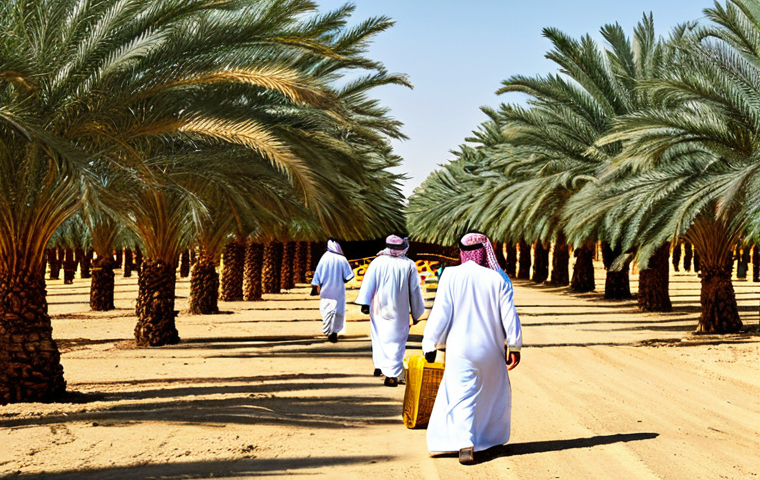 Modern Date Farm**

A sun-drenched date palm grove in Saudi Arabia, featuring neatly rows of trees laden with ripe dates. A modern irrigation system is visible, along with workers in traditional clothing harvesting the fruit. In the background, a modern date processing facility is seen. Include the phrase "date harvest" in Arabic script. Style: Professional photography, high resolution, safe for work, appropriate content, fully clothed, modest, family-friendly, perfect anatomy, natural proportions.

**