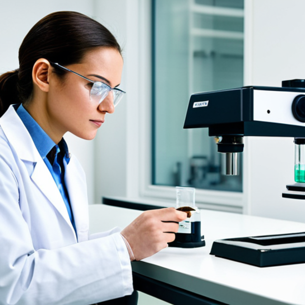 농업기술 자격증 이직 성공 사례 - **
A female agricultural engineer in a fully clothed, modest lab coat and safety glasses, inspectin...