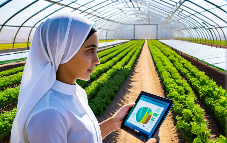 농업기술 자격증으로 창업 준비 - **Modern Ag-Tech in an Arid Landscape:**
"A wide, panoramic shot of a sophisticated, high-tech f...