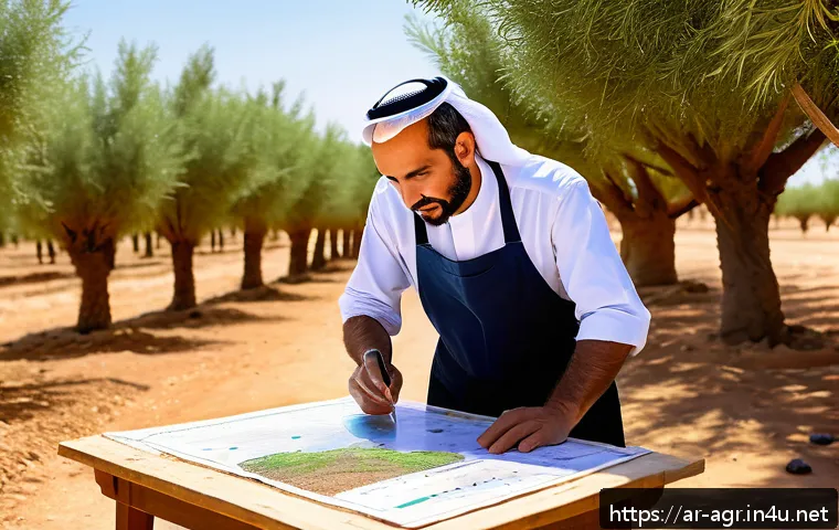 농업기술 자격증으로 전환 가능한 직종 - A detailed scene of an agricultural resource manager planning sustainable land use in a Middle Easte...