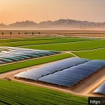 농업기술 관련 대학교 전공 소개 - A futuristic smart farm scene in an Arabian desert setting at sunset, featuring advanced AI-powered ...