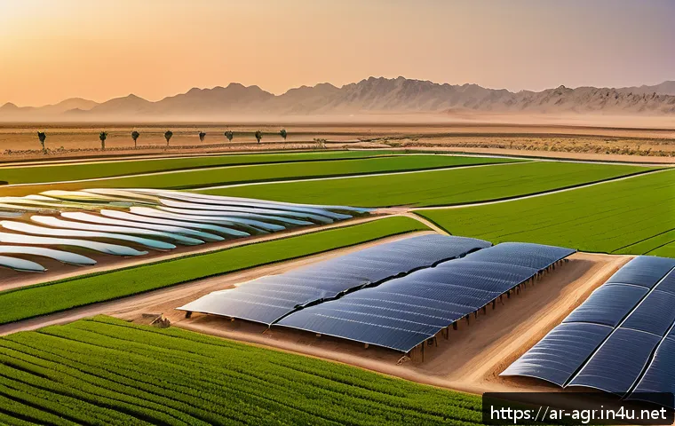 농업기술 관련 대학교 전공 소개 - A futuristic smart farm scene in an Arabian desert setting at sunset, featuring advanced AI-powered ...