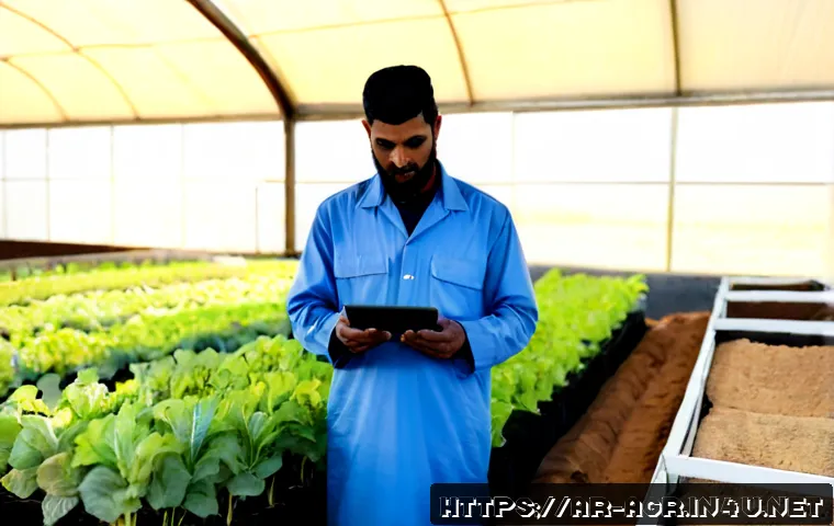 농업기술 이론과 실무의 균형 - Photorealistic agricultural training scene in a modern desert farm greenhouse, an Arab agronomist in...
